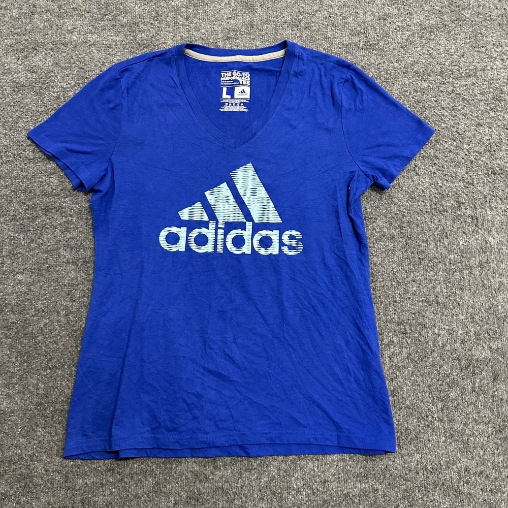 Adidas T-Shirt Womens Size L Blue Go-To Performance V-Neck Graphic Logo Athletic